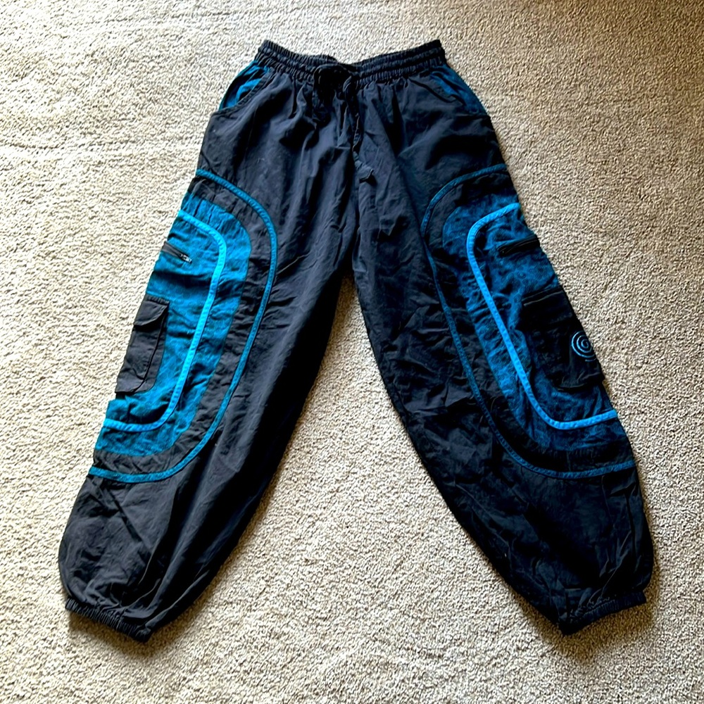 Zapata Black w/Blue Cargo Parachute Joggers Elastic Drawstring Pants 6 Pockets!